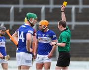 21 May 2022; Charles Dwyer of Laois is shown a yellow card by referee Colum Cunning during the Leinster GAA Hurling Senior Championship Round 5 match between Laois and Westmeath at MW Hire O’Moore Park in Portlaoise, Laois. Photo by Michael P Ryan/Sportsfile