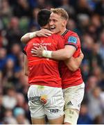 21 May 2022; Mike Haley, right, congratulates teammate Conor Murray of Munster on scoring their side's third try during the United Rugby Championship match between Leinster and Munster at Aviva Stadium in Dublin. Photo by Brendan Moran/Sportsfile