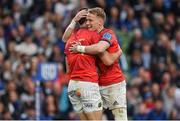 21 May 2022; Mike Haley, right, congratulates teammate Conor Murray of Munster on scoring their side's third try during the United Rugby Championship match between Leinster and Munster at Aviva Stadium in Dublin. Photo by Brendan Moran/Sportsfile