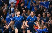 21 May 2022; Rory O'Loughlin of Leinster celebrates with teammate Rob Russell after scoring his side's fourth try during the United Rugby Championship match between Leinster and Munster at the Aviva Stadium in Dublin. Photo by Harry Murphy/Sportsfile