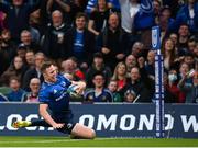 21 May 2022; Rory O'Loughlin of Leinster dives over to score his side's fourth try during the United Rugby Championship match between Leinster and Munster at the Aviva Stadium in Dublin. Photo by Harry Murphy/Sportsfile