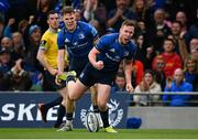21 May 2022; Rory O'Loughlin of Leinster celebrates after scoring his side's fourth try during the United Rugby Championship match between Leinster and Munster at the Aviva Stadium in Dublin. Photo by Harry Murphy/Sportsfile