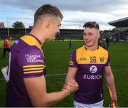 21 May 2022; Jack O'Connor, left, and Mikie Dwyer of Wexford celebrate after the Leinster GAA Hurling Senior Championship Round 5 match between Kilkenny and Wexford at UPMC Nowlan Park in Kilkenny. Photo by Stephen McCarthy/Sportsfile