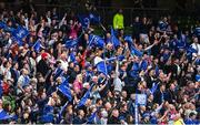 21 May 2022; Leinster supporters cheer as their side score a try during the United Rugby Championship match between Leinster and Munster at Aviva Stadium in Dublin. Photo by Brendan Moran/Sportsfile