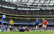 21 May 2022; Scott Penny of Leinster scores his side's first try during the United Rugby Championship match between Leinster and Munster at Aviva Stadium in Dublin. Photo by Brendan Moran/Sportsfile