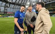 21 May 2022; Harry Byrne, Ross Byrne of Leinster and Jimmy O'Brien of Leinster after their side's victory in the United Rugby Championship match between Leinster and Munster at the Aviva Stadium in Dublin. Photo by Harry Murphy/Sportsfile