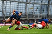 21 May 2022; Adam Byrne of Leinster is tackled by Joey Carbery of Munster during the United Rugby Championship match between Leinster and Munster at the Aviva Stadium in Dublin. Photo by Harry Murphy/Sportsfile