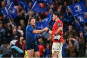 21 May 2022; John McKee of Leinster and Fineen Wycherley of Munster embrace after the United Rugby Championship match between Leinster and Munster at the Aviva Stadium in Dublin. Photo by Harry Murphy/Sportsfile
