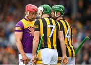 21 May 2022; Lee Chin of Wexford faces up to Paddy Deegan and Tommy Walsh, right, of Kilkenny during the Leinster GAA Hurling Senior Championship Round 5 match between Kilkenny and Wexford at UPMC Nowlan Park in Kilkenny. Photo by Stephen McCarthy/Sportsfile