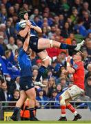 21 May 2022; Ryan Baird of Leinster is lifted by teammate John McKee to claim a restart ahead of Mike Haley of Munster during the United Rugby Championship match between Leinster and Munster at Aviva Stadium in Dublin. Photo by Brendan Moran/Sportsfile