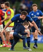 21 May 2022; Ryan Baird of Leinster plays with Max TOner, son of Devin Toner of Leinster, after the United Rugby Championship match between Leinster and Munster at Aviva Stadium in Dublin. Photo by Brendan Moran/Sportsfile