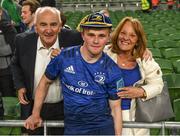 21 May 2022; Ben Murphy of Leinster with his grandparents Thomas and Nina Murphy after making his debut in the United Rugby Championship match between Leinster and Munster at the Aviva Stadium in Dublin. Photo by Harry Murphy/Sportsfile