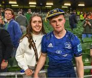 21 May 2022; Ben Murphy of Leinster with his girlfriend Ciara Keenan after making his debut in the United Rugby Championship match between Leinster and Munster at the Aviva Stadium in Dublin. Photo by Harry Murphy/Sportsfile