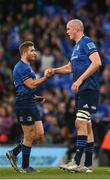 21 May 2022; Jordan Larmour and Devin Toner of Leinster after their side's victory in the United Rugby Championship match between Leinster and Munster at the Aviva Stadium in Dublin. Photo by Harry Murphy/Sportsfile