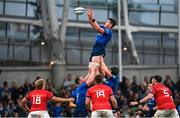 21 May 2022; Joe McCarthy of Leinster takes possession in a lineout during the United Rugby Championship match between Leinster and Munster at the Aviva Stadium in Dublin. Photo by Harry Murphy/Sportsfile