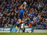 21 May 2022; Rory O'Loughlin of Leinster catches the ball on his way to scoring his side's fourth try during the United Rugby Championship match between Leinster and Munster at the Aviva Stadium in Dublin. Photo by Harry Murphy/Sportsfile