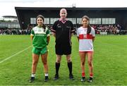 22 May 2022; Referee Paul Burke with team captains Ella Cuskelly of Offaly, left, and Brannagh Brolly of Derry during the 2022 All-Ireland U14 Bronze Final between Derry and Offaly at the GAA National Games Development Centre in Abbotstown, Dublin. Photo by Ben McShane/Sportsfile