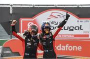 22 May 2022; Kalle Rovanpera and Jonne Halttunen in their Toyota GR Yaris Rally 1 celebrate after winning at the finish during day four of the FIA World Rally Championship Vodafone Rally de Portugal in Porto Portugal. Photo by Philip Fitzpatrick/Sportsfile