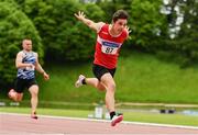 22 May 2022; Javier Lopez-Navarro of Louth County dips for the line to finish second in the division one men's 200m during Round 1 of the AAI National Outdoor League at the Mary Peters Track in Belfast. Photo by Sam Barnes/Sportsfile