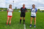 22 May 2022; Referee Ciaran Groome with team captains Keeva Owens of Tyrone, left, and Ruby Browne of Waterford before the 2022 All-Ireland U14 Silver Final between Tyrone and Waterford at the GAA National Games Development Centre in Abbotstown, Dublin. Photo by Ben McShane/Sportsfile