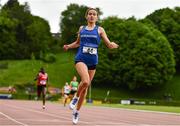 22 May 2022; Daisy Walker of Monaghan County, crosses the line to finish second in the premier division women's 200m during Round 1 of the AAI National Outdoor League at the Mary Peters Track in Belfast. Photo by Sam Barnes/Sportsfile