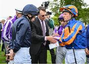 22 May 2022; Trainer Aidan O'Brien speaks to jockeys before the Tattersalls Irish 1,000 Guineas during the Tattersalls Irish Guineas Festival at The Curragh Racecourse in Kildare. Photo by Harry Murphy/Sportsfile