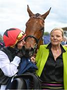 22 May 2022; Jockey Chris Hayes and owner Eva Maria Bucher-Haefner after sending out Homeless Songs to win the Tattersalls Irish 1,000 Guineas during the Tattersalls Irish Guineas Festival at The Curragh Racecourse in Kildare. Photo by Harry Murphy/Sportsfile