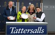 22 May 2022; Trainer Dermot Weld, owner Eva Maria Bucher-Haefner and jockey Chris Hayes after sending out Homeless Songs to win the Tattersalls Irish 1,000 Guineas during the Tattersalls Irish Guineas Festival at The Curragh Racecourse in Kildare. Photo by Harry Murphy/Sportsfile