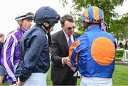 22 May 2022; Trainer Aidan O'Brien speaks to jockeys before the Tattersalls Irish 1,000 Guineas during the Tattersalls Irish Guineas Festival at The Curragh Racecourse in Kildare. Photo by Harry Murphy/Sportsfile