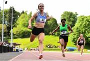 22 May 2022; Mollie O'Reilly of Dundrum South Dublin AC, left, dips for the line to win the premier women's 100m during Round 1 of the AAI National Outdoor League at the Mary Peters Track in Belfast. Photo by Sam Barnes/Sportsfile