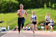 22 May 2022; Lauren Roy of City of Lisburn AC, Down, on her way to winning the guest 100m during Round 1 of the AAI National Outdoor League at the Mary Peters Track in Belfast. Photo by Sam Barnes/Sportsfile