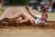 22 May 2022;  Molly Mullally of Dundrum South Dublun AC, Dublin, on her way to winning the premier women's long jump during Round 1 of the AAI National Outdoor League at the Mary Peters Track in Belfast. Photo by Sam Barnes/Sportsfile