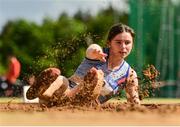 22 May 2022; Molly Mullally of Dundrum South Dublin AC, on her way to winning the premier women's long jump during Round 1 of the AAI National Outdoor League at the Mary Peters Track in Belfast. Photo by Sam Barnes/Sportsfile