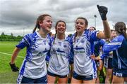 22 May 2022; Waterford players, from left, captain Ruby Browne, Mide McCusker and Treasa Ni Chrotiagh celebrate after the 2022 All-Ireland U14 Silver Final between Tyrone and Waterford at the GAA National Games Development Centre in Abbotstown, Dublin. Photo by Ben McShane/Sportsfile