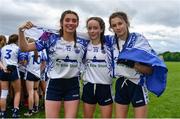 22 May 2022; Waterford players, from left, Mide McCusker, Sarah Barry and Brooke Dunford celebrate after the 2022 All-Ireland U14 Silver Final between Tyrone and Waterford at the GAA National Games Development Centre in Abbotstown, Dublin. Photo by Ben McShane/Sportsfile