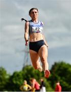 22 May 2022; Molly Mullally of Dundrum South Dublin AC, on her way to winning the premier women's long jump during Round 1 of the AAI National Outdoor League at the Mary Peters Track in Belfast. Photo by Sam Barnes/Sportsfile