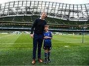 21 May 2022; Leinster head coach Leo Cullen and mascot Alex Traynor before the United Rugby Championship match between Leinster and Munster at the Aviva Stadium in Dublin. Photo by Harry Murphy/Sportsfile