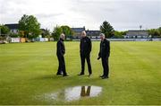23 May 2022; Umpires Mark Hawthorne, left, and Roly Black, centre, with match referee Graham McCrea during a pitch inspection at the Cricket Ireland Inter-Provincial Cup match between North West Warriors and Leinster Lightning at Eglinton Cricket Club in Derry. Photo by Ramsey Cardy/Sportsfile