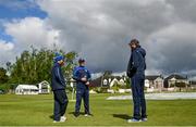 23 May 2022; North West Warriors head coach Boyd Rankin, right, in conversation with Andy McBrine, left, and William Porterfield during the Cricket Ireland Inter-Provincial Cup match between North West Warriors and Leinster Lightning at Eglinton Cricket Club in Derry. Photo by Ramsey Cardy/Sportsfile