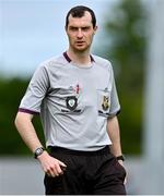 21 May 2022; Referee Liam Byrne during the FAI Centenary Under 17 Cup Final 2021/2022 match between Corduff FC, Dublin, and College Corinthians AFC, Cork, at Home Farm Football Club in Dublin. Photo by Brendan Moran/Sportsfile