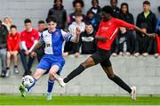 21 May 2022; Conor O'Sullivan of College Corinthians AFC in action against Nelson Pedro of Corduff FC during the FAI Centenary Under 17 Cup Final 2021/2022 match between Corduff FC, Dublin, and College Corinthians AFC, Cork, at Home Farm Football Club in Dublin. Photo by Brendan Moran/Sportsfile