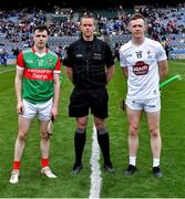 21 May 2022; Referee Michael Kennedy alongside team captains Shane Boland of Mayo and Brian Byrne of Kildare before the Christy Ring Cup Final match between Kildare and Mayo at Croke Park in Dublin. Photo by Piaras Ó Mídheach/Sportsfile