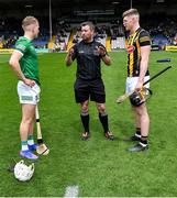 22 May 2022; Referee Thomas Walsh with team captains Jimmy Quilty of Limerick and Pádraic Moylan of Kilkenny before the oneills.com GAA Hurling All-Ireland U20 Championship Final match between Kilkenny and Limerick at FBD Semple Stadium in Thurles, Tipperary. Photo by Piaras Ó Mídheach/Sportsfile