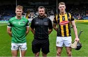 22 May 2022; Referee Thomas Walsh with team captains Jimmy Quilty of Limerick and Pádraic Moylan of Kilkenny before the oneills.com GAA Hurling All-Ireland U20 Championship Final match between Kilkenny and Limerick at FBD Semple Stadium in Thurles, Tipperary. Photo by Piaras Ó Mídheach/Sportsfile
