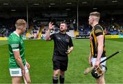 22 May 2022; Referee Thomas Walsh performs the coin toss with team captains Jimmy Quilty of Limerick and Pádraic Moylan of Kilkenny before the oneills.com GAA Hurling All-Ireland U20 Championship Final match between Kilkenny and Limerick at FBD Semple Stadium in Thurles, Tipperary. Photo by Piaras Ó Mídheach/Sportsfile