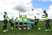 23 May 2022; Rianna Jarrett and Chiedozie Ogbene with, from left, Josh McCarthy, Estelle O'Connor, Jason Burnett, Eoin Hawkins, Will Hawkins, Marwa Babiker and Freddie McDonagh during the launch of the INTERSPORT Elverys FAI Summer Soccer Schools at the FAI Headquarters in Abbotstown, Dublin. Photo by Harry Murphy/Sportsfile