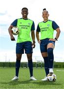 23 May 2022; Chiedozie Ogbene and Rianna Jarrett during the launch of the INTERSPORT Elverys FAI Summer Soccer Schools at the FAI Headquarters in Abbotstown, Dublin. Photo by Harry Murphy/Sportsfile