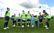 23 May 2022; Rianna Jarrett and Chiedozie Ogbene with, from left, Josh McCarthy, Estelle O'Connor, Jason Burnett, Eoin Hawkins, Will Hawkins, Marwa Babiker and Freddie McDonagh during the launch of the INTERSPORT Elverys FAI Summer Soccer Schools at the FAI Headquarters in Abbotstown, Dublin. Photo by Harry Murphy/Sportsfile