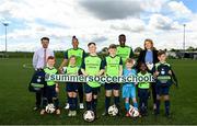 23 May 2022; FAI Summer Soccer Schools programme co-ordinator Kevin Doran, Rianna Jarrett, Chiedozie Ogbene and Elverys Senior Marketing Manager Ann-Marie Hanly with, from left, Josh Mccarthy, Estelle O'Connor, Jason Burnett, Eoin Hawkins, Will Hawkins, Marwa Babiker and Freddie McDonagh during the launch of the INTERSPORT Elverys FAI Summer Soccer Schools at the FAI Headquarters in Abbotstown, Dublin. Photo by Harry Murphy/Sportsfile