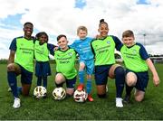 23 May 2022; Chiedozie Ogbene and Rianna Jarrett with Marwa Babiker, Jason Burnett, Will Hawkins and Eoin Hawkins during the launch of the INTERSPORT Elverys FAI Summer Soccer Schools at the FAI Headquarters in Abbotstown, Dublin. Photo by Harry Murphy/Sportsfile